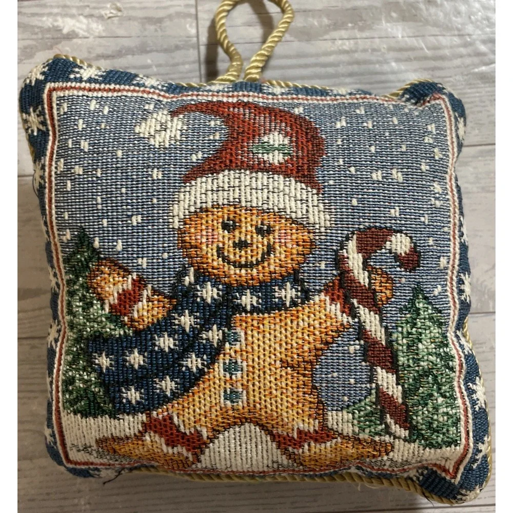 Vintage Tapestry Snowman Gingerbread Man Christmas Door Hanging Pillows (2) 6x6